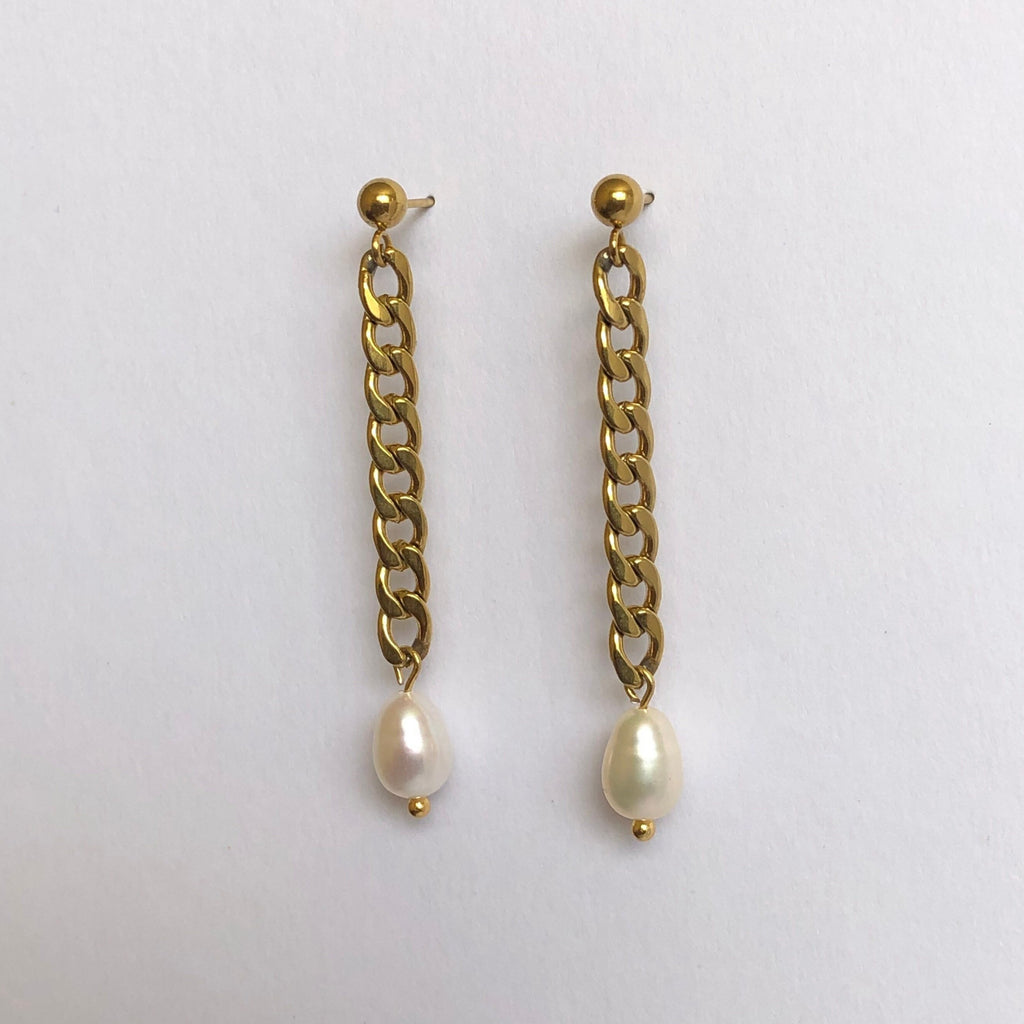 Pearl Earrings, Pearl Drop Earrings, Chain Drop Earrings, 18k Gold plated Earrings | Suradesires