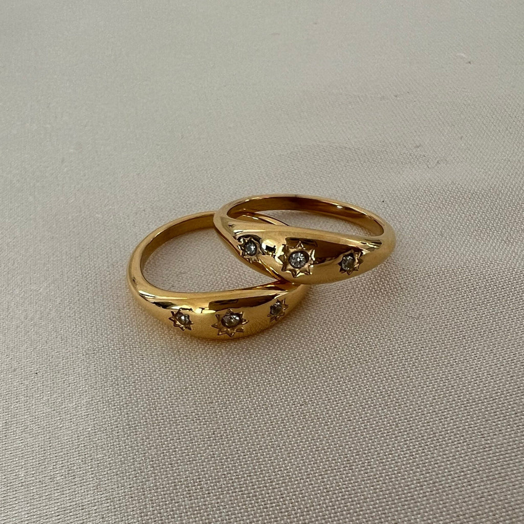 18k Gold Plated Signet Ring, Triple Crystal Signet Ring, Signet Ring, Gold Crystal Ring, Statement Ring | Suradesires