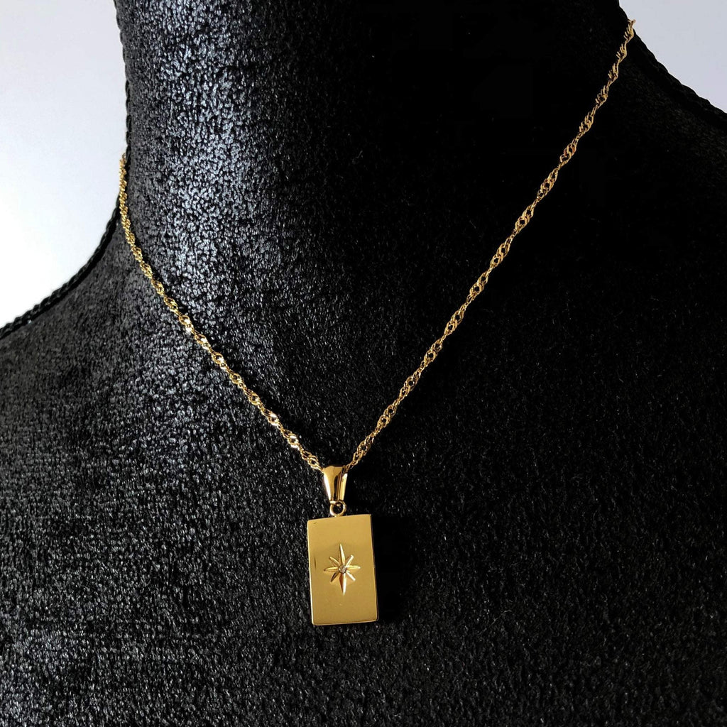 Gold Tag Pendant Necklace, Crystal Tag Necklace, Gold Pendant Necklace, 18k Gold, Layering Gold Chain | Suradesires