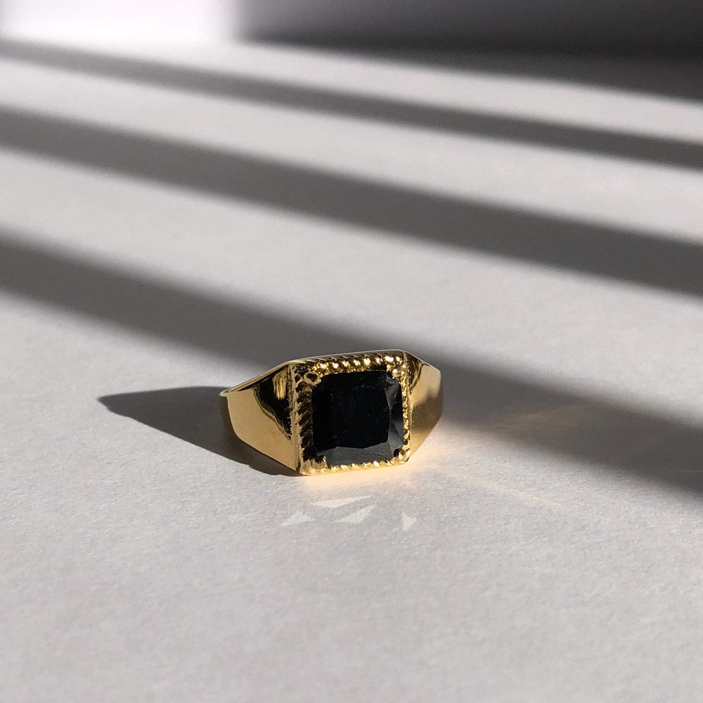 18k Gold Plated Onyx Ring, Princess Cut Ring, Statement Ring, Gold Ring, French Ring | Suradesires