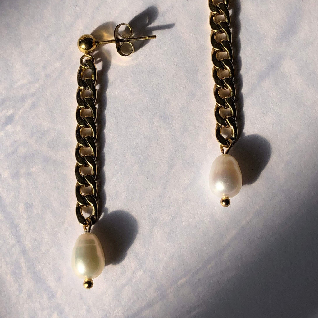 Pearl Earrings, Pearl Drop Earrings, Chain Drop Earrings, 18k Gold plated Earrings | Suradesires