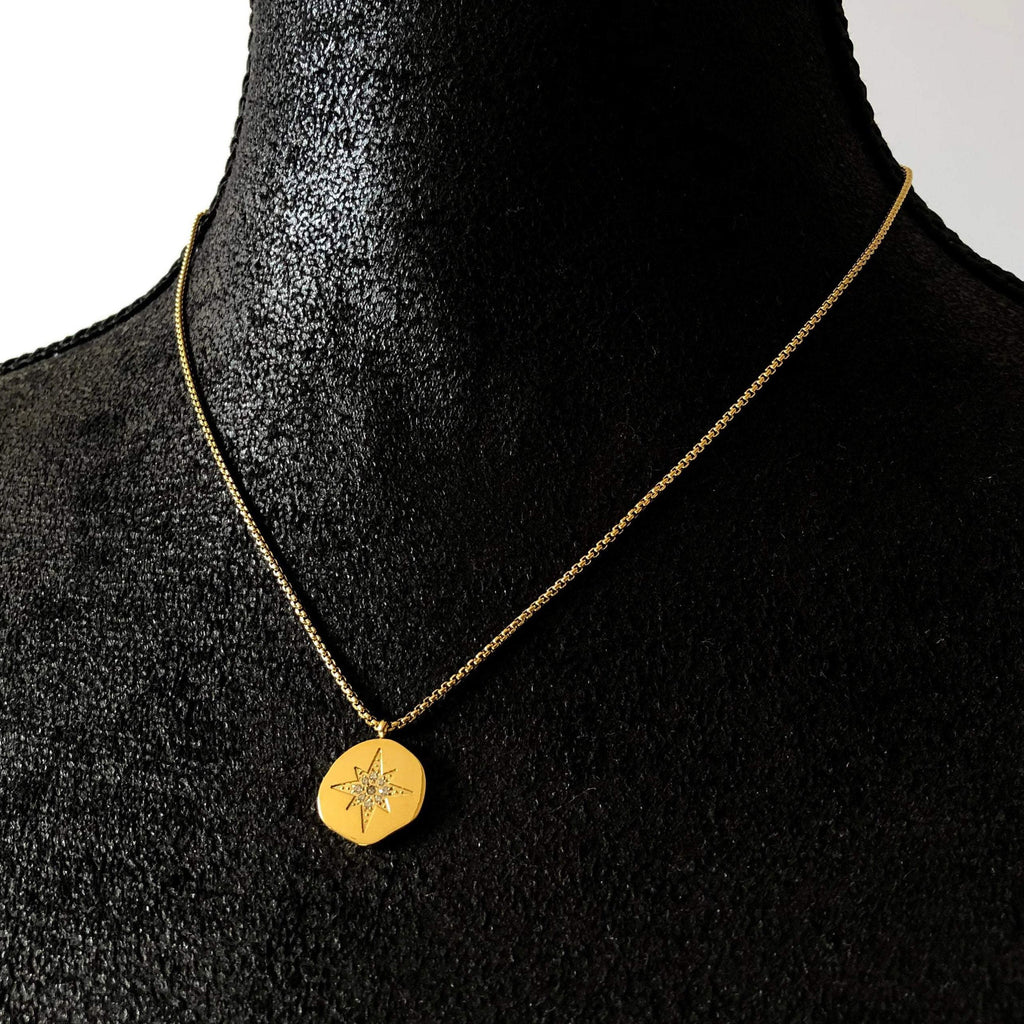 Gold Star Pendant Necklace, Circle Tag Pendant Necklace, Gold Pendant Necklace, 18k Gold, Layering Gold Chain | Suradesires