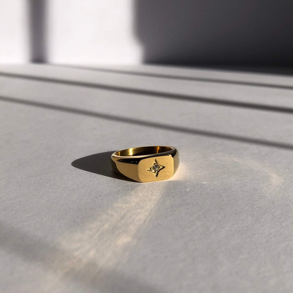 18k Gold Plated Signet Ring, Signet Ring, Statement Ring, Gold Ring, Starburst Ring | Suradesires