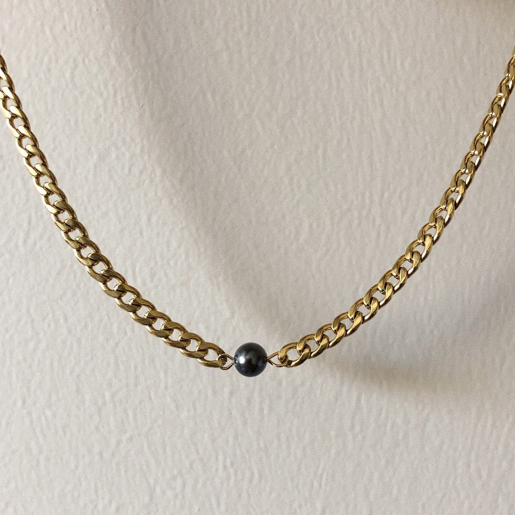 Pearl Necklace, Gold Cuban Pearl Necklace, Black Navy Pearl, Cuban Necklace, Gold chain, Minimalist Bridesmaid | Suradesires