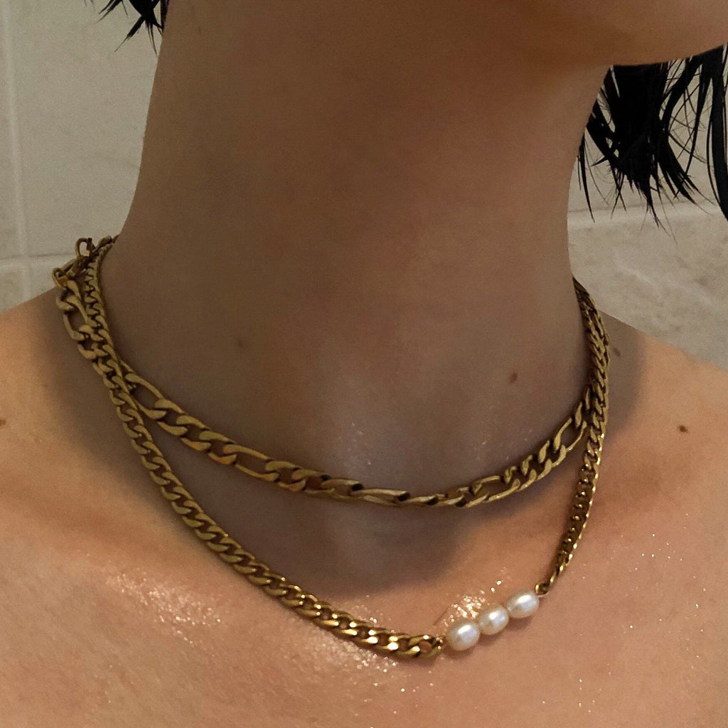 Pearl Necklace, Gold Cuban Pearl Necklace, Cuban Necklace, Triple Pearl Chain, Gold Chain, Minimalist Bridesmaid | Suradesires