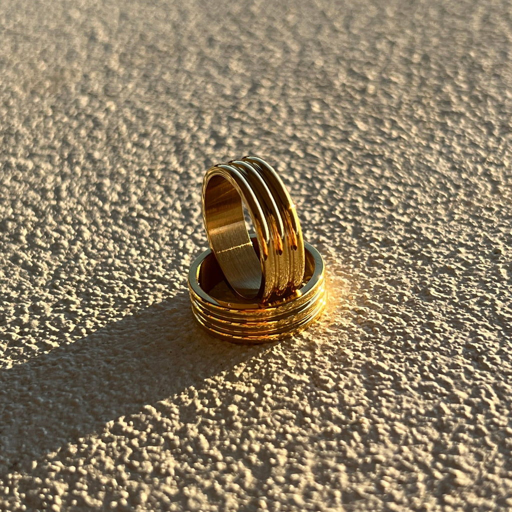 18k Gold Plated Banded Ring, Triple Band Ring, Ribbed Ring, Gold Band Ring, Statement Ring | Suradesires