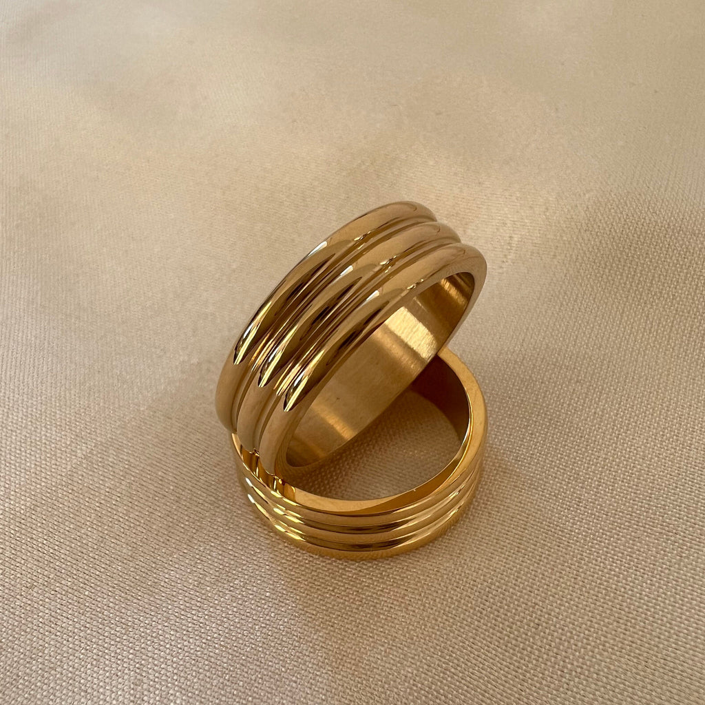 18k Gold Plated Banded Ring, Triple Band Ring, Ribbed Ring, Gold Band Ring, Statement Ring | Suradesires