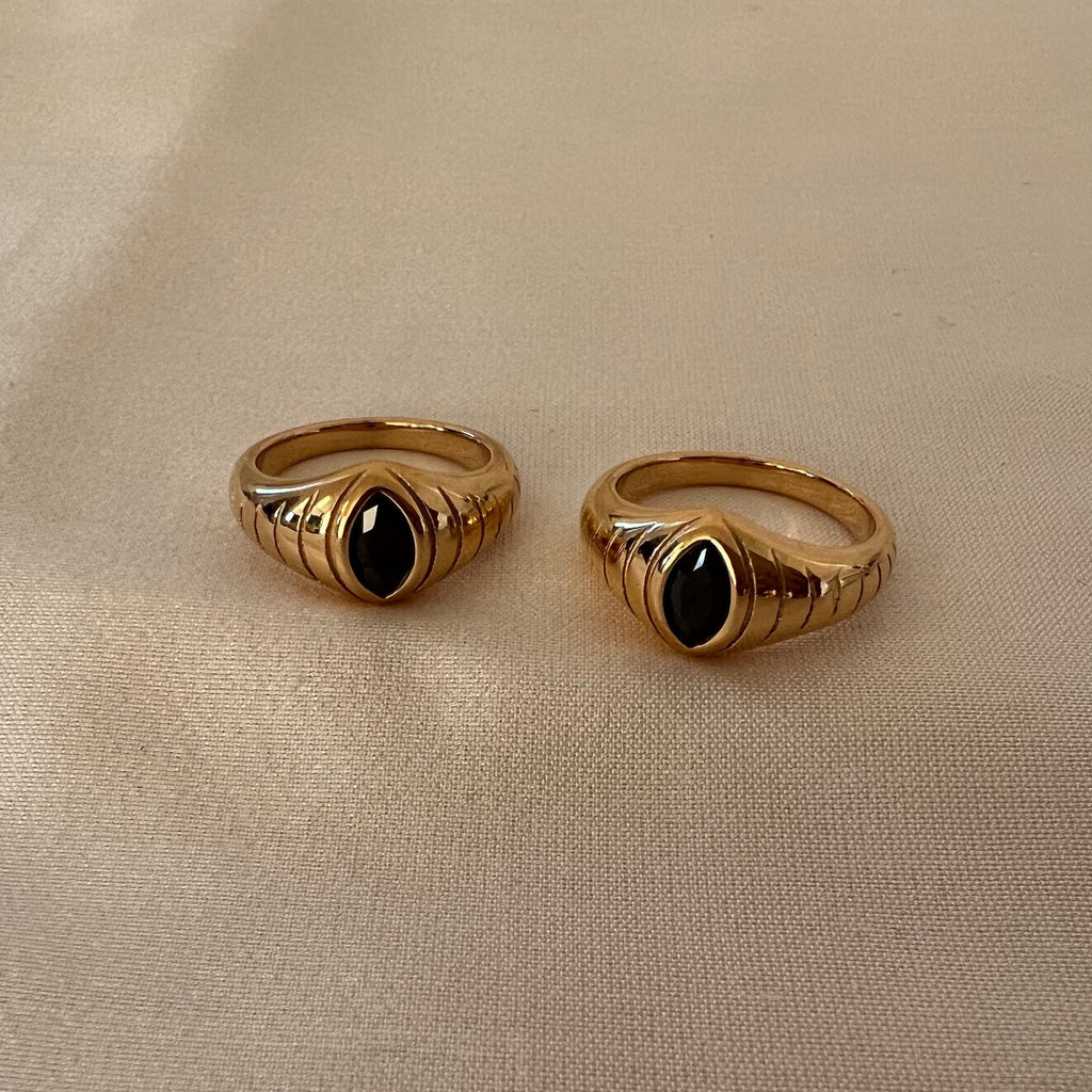 18k Gold Plated Signet Ring, Oval Black Stone Signet Ring, Signet Ring, Snake ring, Solitaire Crystal Ring, Statement Ring | Suradesires