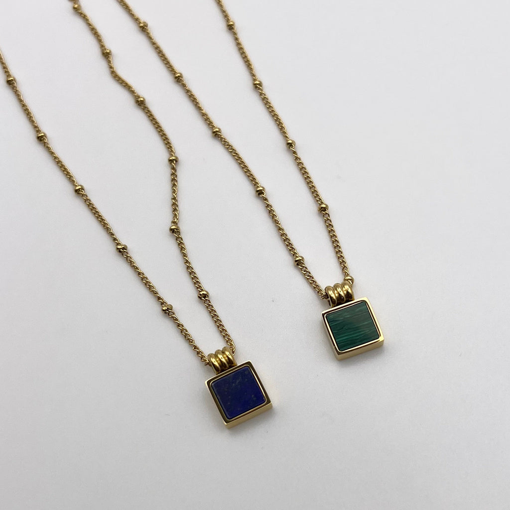 Lapis Lazuli Tag Pendant Necklace, Lapis Lazuli  Stone Necklace, Black Pendant Necklace, 18k Gold Beaded Chain | Suradesires